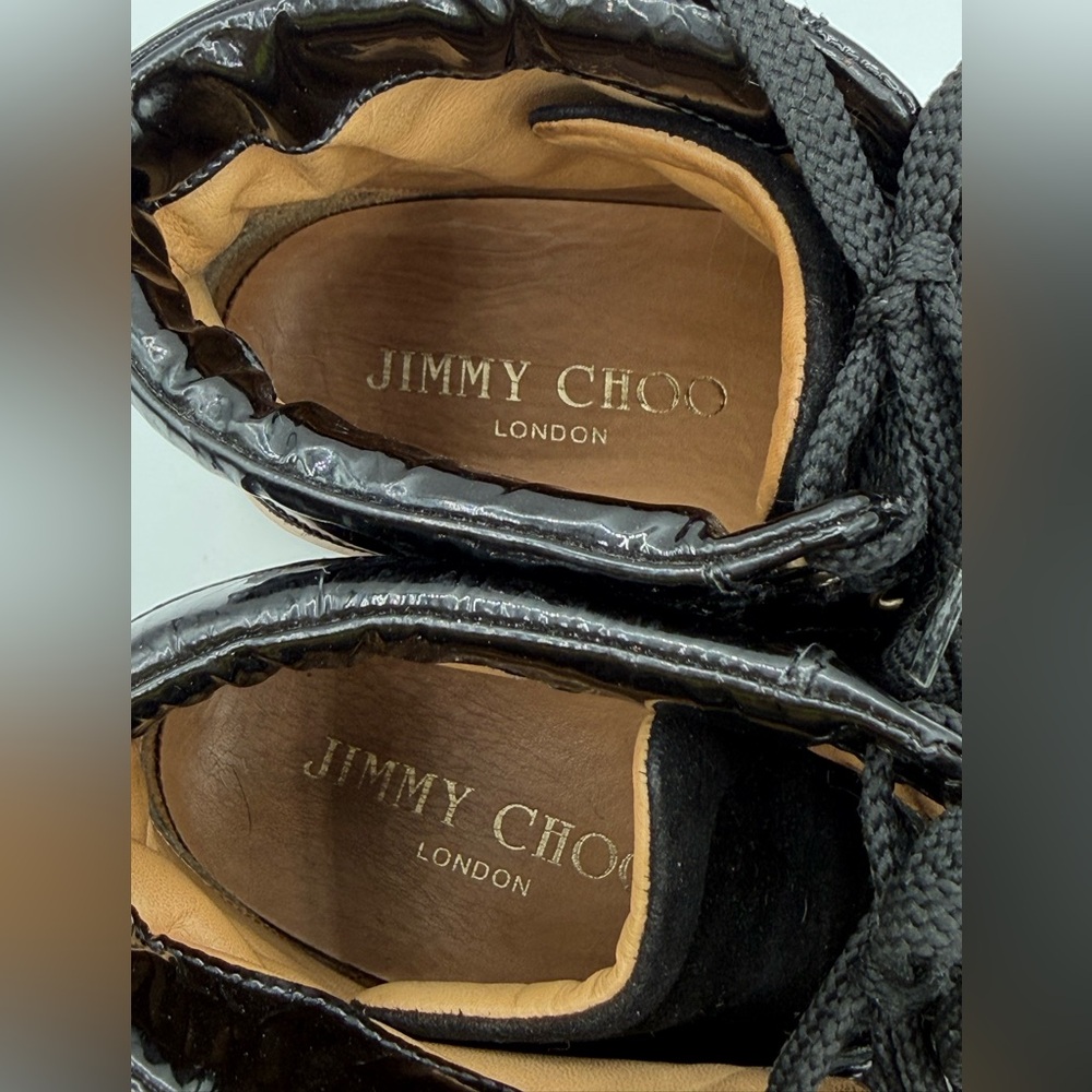Jimmy Choo Black Suede & Patent Leather High-Top Sneakers Gold Eyelets Size 35.5 - Picture 11 of 16